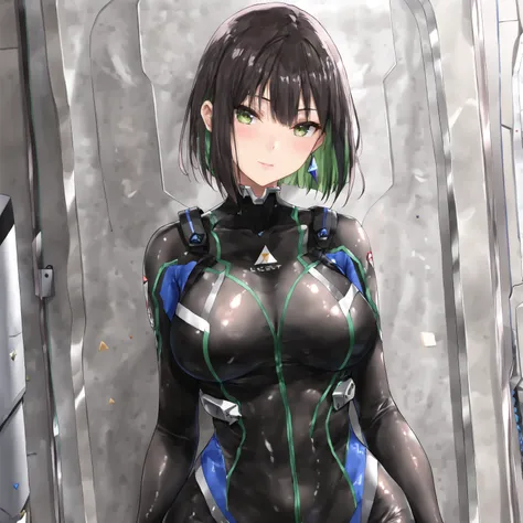 masterpiece, (((( best quality )))),,,shiny skin, wearing a black pilot suit, dark hair, short bob hair,The inner color of the hair is green, green eyes,isosceles triangle earrings,,,large breasts,