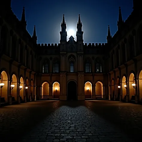  Palacio de los Condes de Orgaz at night : An old Gothic palace in Toledo ,  with dark windows and a disturbing atmosphere .  The shadows lengthen and a full moon illuminates the central courtyard.  The air is filled with a palpable mystery .
