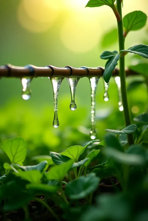 A garden with a drip irrigation system, close-up of water droplets reaching plant roots, sunlight effect, green background, photorealistic, environmental theme