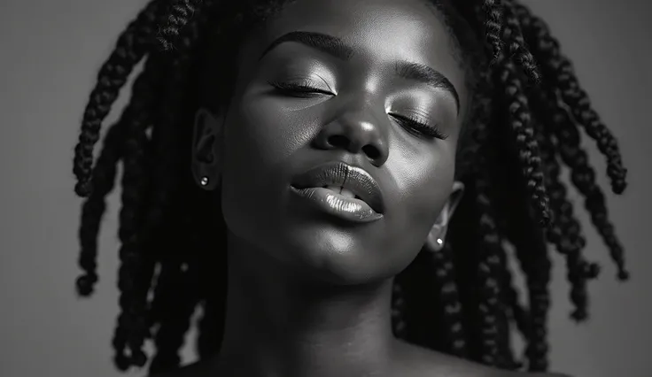 A stunning black and white a young Black woman with deep brown skin, wearing intricate, neatly braided hair. Her eyes are closed, and she has a serene, dreamy expression with full, glossy lips slightly parted. Her eyebrows are well-defined, and she wears s...