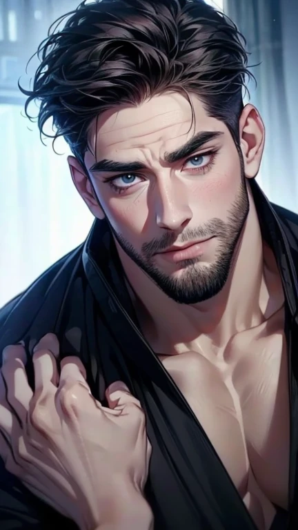 (  idiot,4K,8k,   highres,   masterpiece:1.2),   ultra-detailed,(realistic,photorealistic,photo-realistic:1.37),36-year-old man,3 day beard,cute anime ,Portraits,strong,Masculine,   dark hair,sharp jaw,      mesmerizing eyes      ,   perfectly combed hair,...