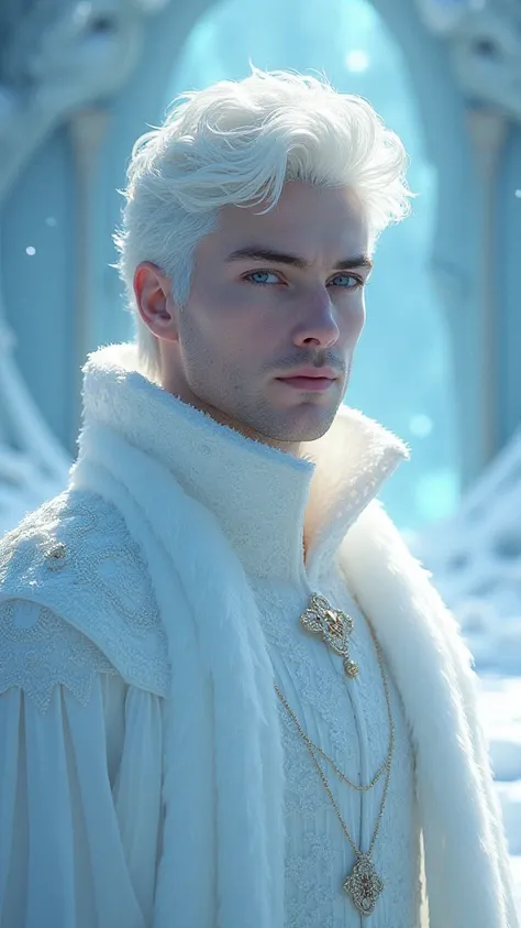 man,  White , extremely pale,  blue eyes, cabelos  White s e curtos, Prince of Winter,  from the front 