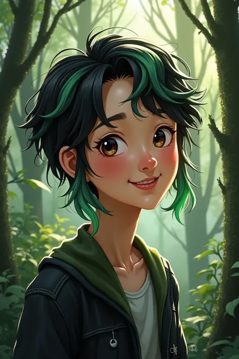 My name is Yuma. I am Asian and 22 years old.  My hair is black with several green locks. I am passionate about biology and I love going to the forest..