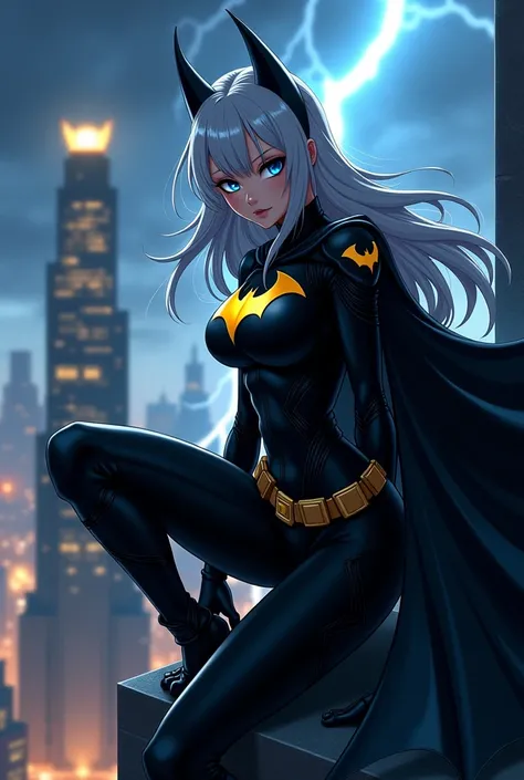 "4K anime style quality, digital drawing mode, a brooding vigilante with long silver hair, piercing blue eyes, and a black tactical suit adorned with bat-like symbols.

Aurora perches on the edge of a skyscraper overlooking Gotham City, the Bat-Signal illu...