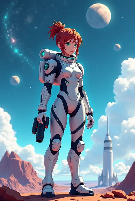 "4K anime style quality, digital drawing mode, a determined astronaut with auburn hair tied in a tight bun, emerald eyes, and a white-and-gray space suit with glowing blue accents.

Evangeline stands on the surface of an alien planet with a sky full of swi...