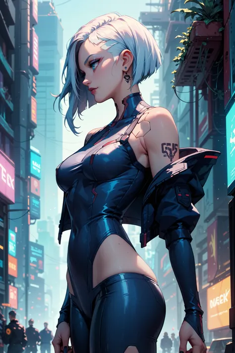 Gothic girl in CyberPunk style, 19 years old, perfect figure, third breast size, on the background of a futuristic place, nice tight-fitting dark blue suit, short white hair, blue eyes, side view, tattooed body, aesthetic legs