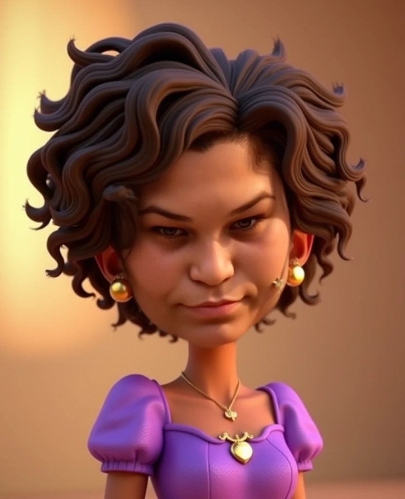  cartoon character  de uma mulher bem gorda morena e bronzeada, wearing purple princess-style dress ,  very curly and short shoulder-length hair in light brown color, Small and slender eyes color brown,  an animated character ,  rendering animation style ,...