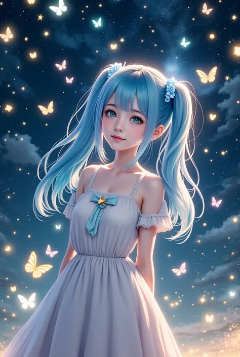 Face Focus, masterpiece, highest quality, girl，Looking up，Sparkling and colorful, Sparkling butterfly，Twinkle Star，shining heart，Night Background, fire Fly, Particles of light, alone, Twin-tailed light blue hair, Aqua Eye, Cute Smile，Are standing, Pixiv, W...