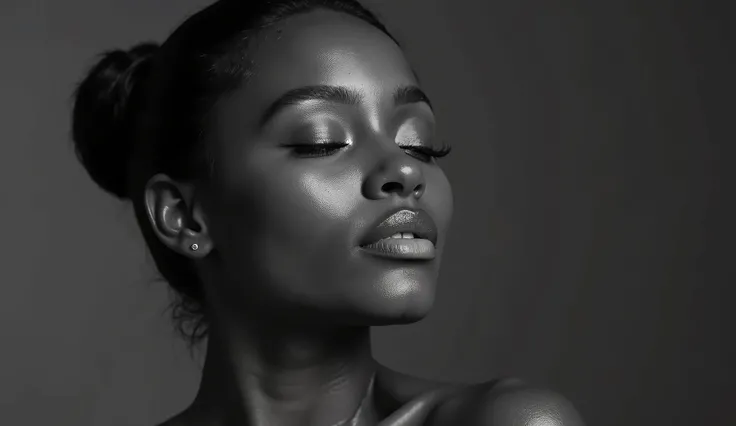 A stunning black and white a young white woman with deep brown skin, wearing intricate. Her eyes are closed, and she has a serene, dreamy expression with full, glossy lips slightly parted. Her eyebrows are well-defined, and she wears subtle eyeliner. Her s...