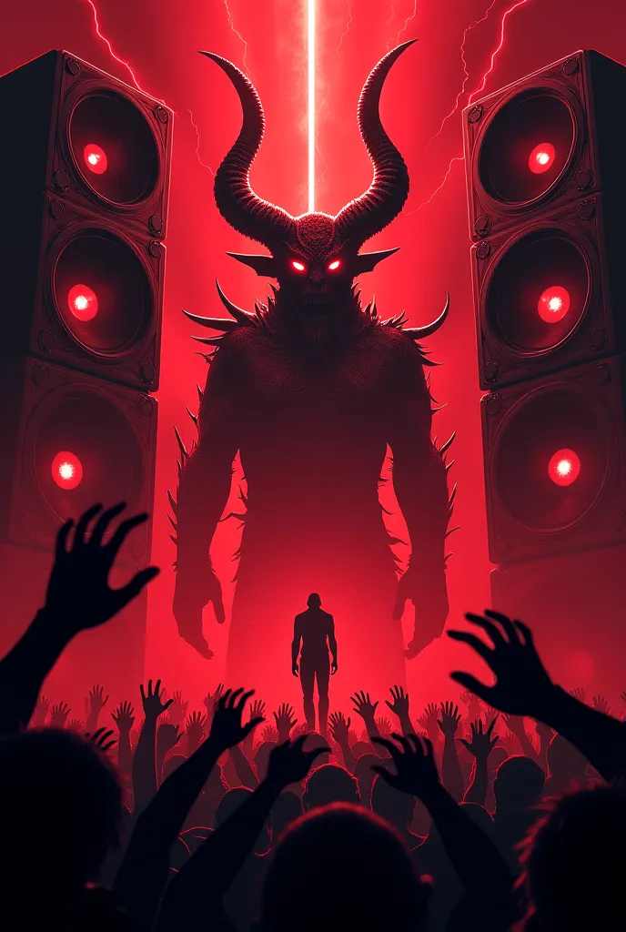 Make me a drum and bass poster featuring demons and loudspeakers ,  with colors red and black 