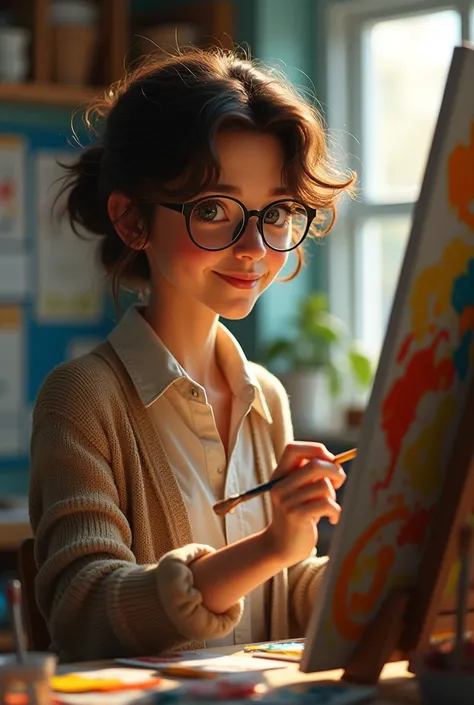 Teacher with glasses, With frizzy, BROWN HAIR PAINTING A PICTURE WITH PAINT