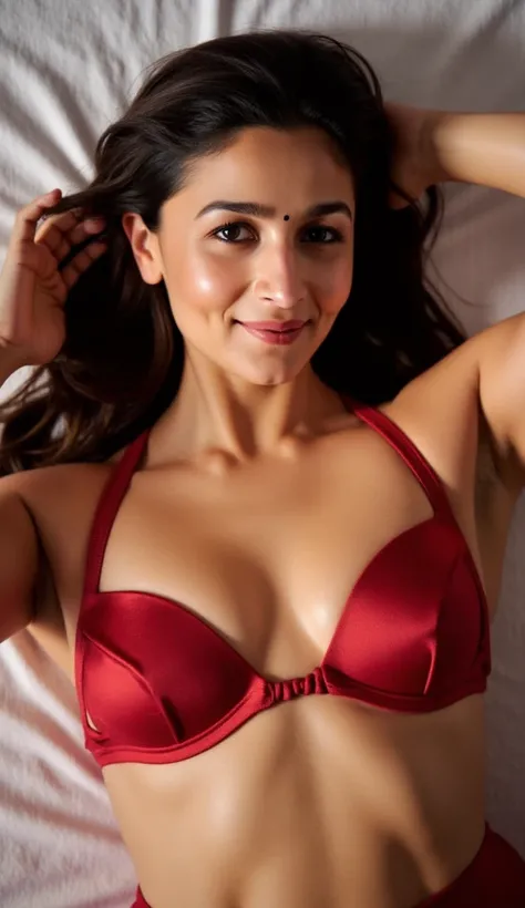 Indian busty gorgeously prettiest lady(face looking like Indian lady(beautiful face, beautiful nose, beautiful eyes, beautiful lips, beautiful navel,very large gigantic breasts,)) wearing saree.in red bikini, hands up, armpits visible. She is giving intima...