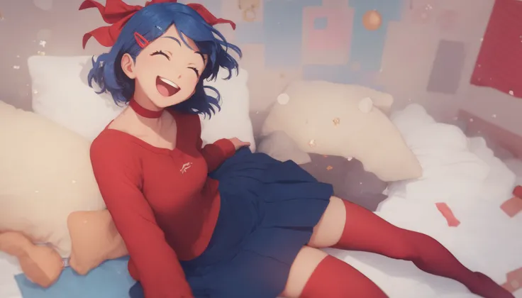 hortmita,1girl, solo, red_hair ribbon, long sleeves,blue hair, hairclip, miniskirt, blue skirt,red shirt,red choker, red thighhighs,shortmita,short hair, happy, perfect for a YouTube thumbnail