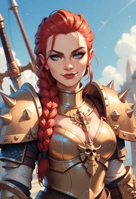 Female dwarven warrior, red braided hair, heavy armor, heavy runic warhammer, cocky smirk