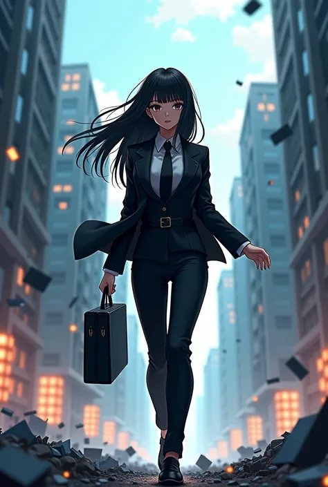 "4K anime style quality, digital drawing mode, a sleek operative with straight black hair, dark brown eyes, and a sharp black suit.

Mina runs along a crumbling cityscape that bends and folds in impossible angles, clutching a briefcase. Her expression is f...