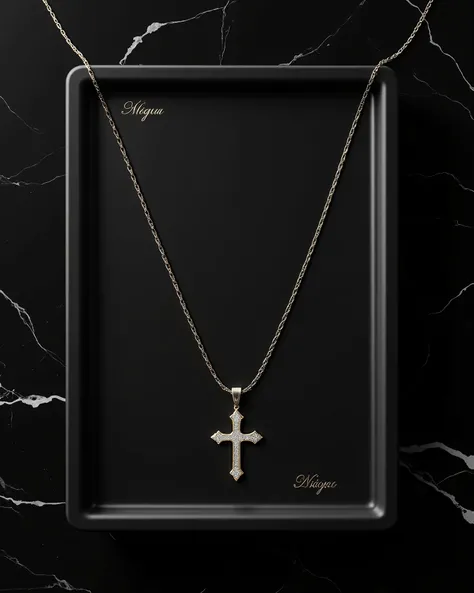  Create an elegant and minimalist scene showcasing a top view of a diamond chain with a cross pendant on a retangular jewelry tray with a logo, black with white details marbled  background to enhance the luxurious feel. The overall aesthetic should exude r...