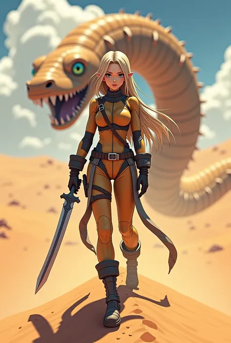 "4K anime style quality, digital drawing mode, a strong and enigmatic figure with long sandy-blonde hair, piercing gray eyes, and a desert-toned survival suit.

Diana stands atop a sand dune, gripping a curved blade as a massive sandworm emerges from the d...