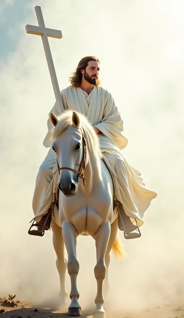 Jesus dressed in white on a white horse with the cross in his hand