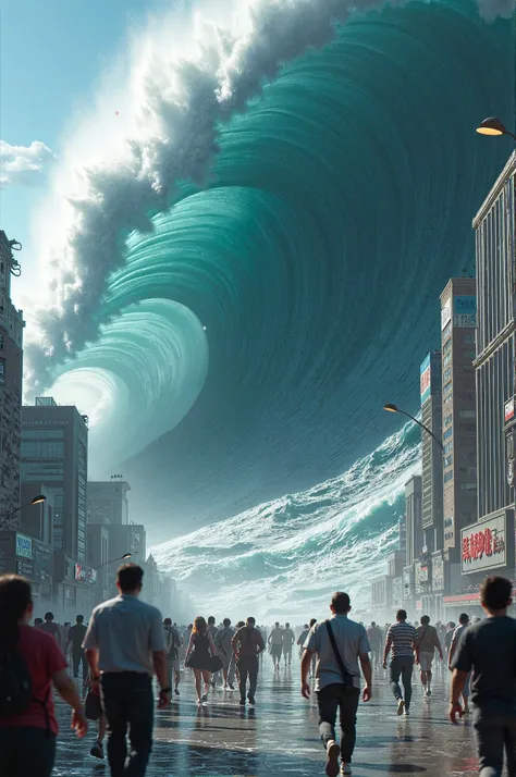 Create an image with a tsunami invading a city with people in it