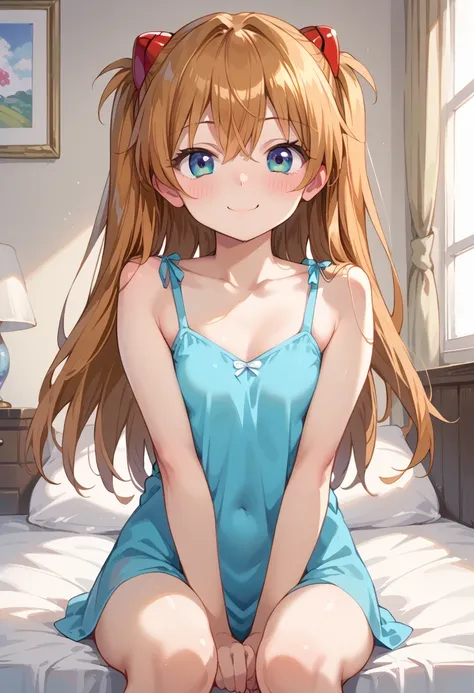 (( top quality)), (( Masterpiece)), (be familiar with),  perfect face ,  indoor, bedroom,  watching viewers,
One woman,  Soryu Asuka Langley,
開いた口,  with an ecstatic expression, blush, smile,
 small tits,  file, Young girl,  lori,  s,  girl,
 long hair,  T...