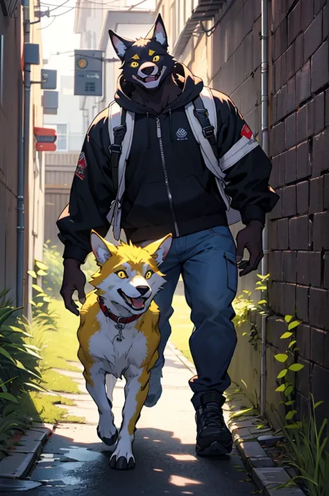 ((  better quality)), (( masterpiece)), ( detailed), a furry yellow monster of 2 , 10 meters tall with glowing white eyes emerging from an alley wall,  walking,  smiling in a Machiavellian manner at the spectator 