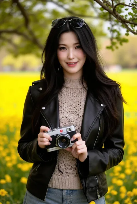 A young woman stands beneath a tree in a vibrant yellow flower field, exuding effortless cool in a stylish black leather jacket over a light knitted sweater, her long, dark hair flowing freely. She holds a Leica camera, sunglasses perched on her head, gazi...