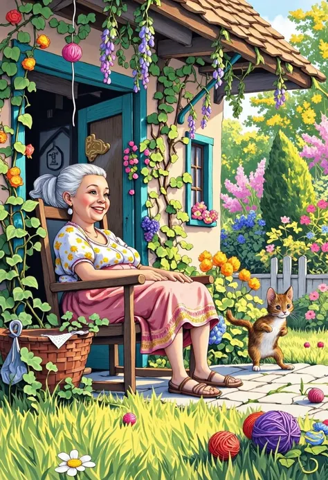 A cheerful, laughing elderly white-haired European woman of small stature, a needlewoman, sits in her old armchair on the porch of her small house.  Beautiful garden. Trees and flowers. A tabby cat plays with a ball of yarn. A sunny summer morning. Acacia ...