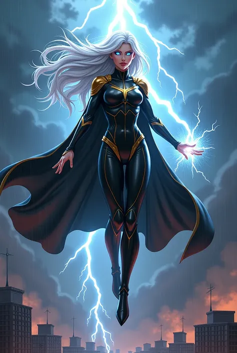 "4K anime style quality, digital drawing mode, a regal mutant with flowing white hair billowing in the wind, glowing silver eyes filled with determination, and a tall, commanding figure. She wears her iconic black bodysuit adorned with gold trim and a flow...