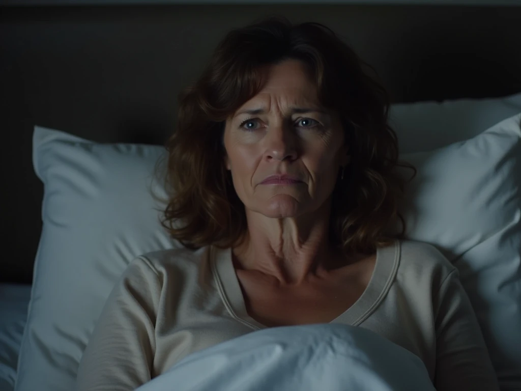 A middle-aged woman sitting upright in bed, her expression a mix of concern and confusion. She has wavy brown hair and a soft but mature face. The dim lighting casts gentle shadows on her features, emphasizing her emotions.