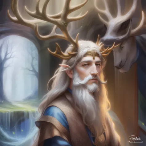 a close up of a man with a long beard and a deer's head, cernunnos, horned god, a druid, realistic fantasy painting, celtic fantasy art, druid, celtic antlered god, realistic fantasy illustration, druid portrait, celtic druid, god of the forest, portrait o...