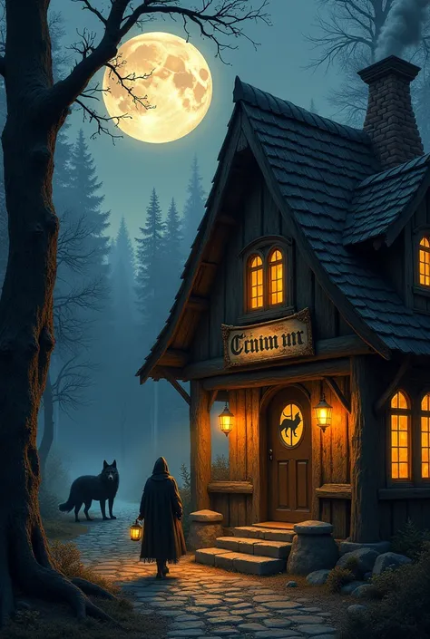 The scene is set at dusk, with a rustic, timber-framed inn standing prominently in the foreground. The inn has a weathered sign hanging above the door, featuring a detailed carving of a black wolf with glowing amber eyes. Smoke curls from the chimney, and ...