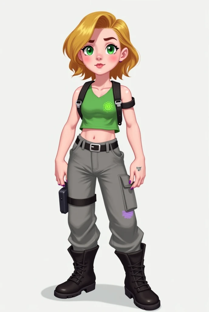  Make a 2D character called Skyler ,  she wears a cropped with a shoulder strap only green Water ,  a gray cargo pants with a tear on the left knee and three small tears on the thigh of your left leg ,  from her shoes she wears a black boot with a high top...