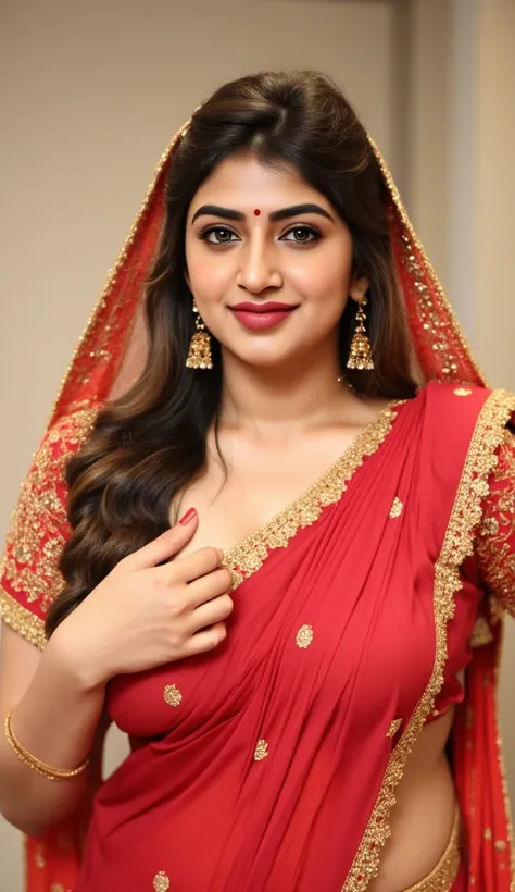 (masterpiece, best quality:1.2), full body portrait shoot, (one boobs out:1.6), nipple, 1girl, solo, stunning beauty,sexy indian, body facing camera, perfect nose ring nathuni,earring, navel ring, Showing deep massive cleavage,wearing red bridal veil,