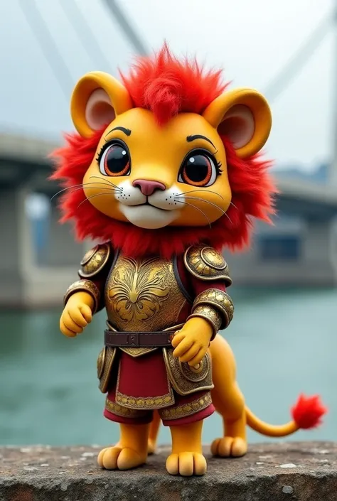 A small lion standing facing forward with its front legs raised。
Big eyes with a cute ,  human-like expression 。 Head slightly larger than the body 。The limbs are short.。
knight&#39;His outfit is a typical folk costume from the country of Panama. 。 shiny t...