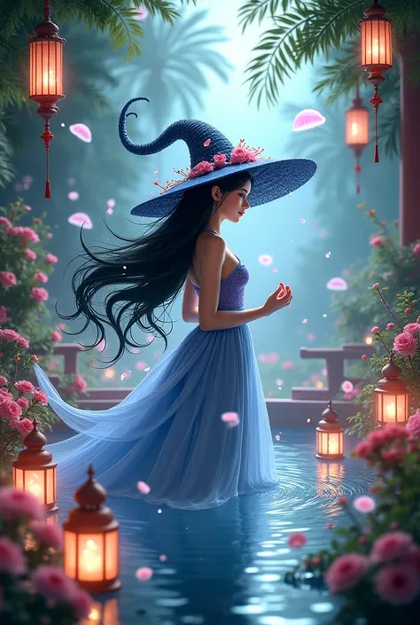 The witch, more lanterns, jellyfish hat, blue and rose dress, black hair, flower and water, oriental bath, palm, fountain, jellyfishes, magic