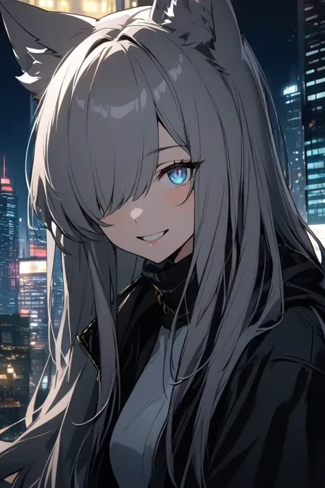  1 girl, solo,  Hi-Res,  long hair,  look, Gray Hair,  wolf ears,  smiles,  Bright Eyes ,  night city,tooth,  hair to hide one eye, Downer,adult