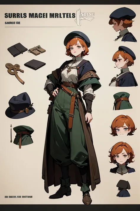 Short ginger hair, 1 woman, medieval black smith, gadgets, beret hat, baggy shorts, character design concept art, high definition