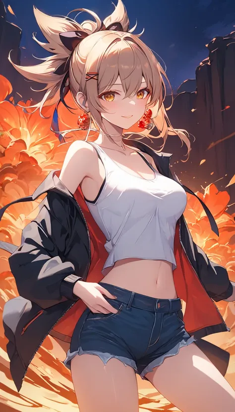 (masterpiece, best quality:1.2), 1 girl, alone, solo, baggy jacket, tank top, cut jean shorts, mature woman, alluring, lust, smile, andscape, plush irritated girl, hotel interior, desolate lava pit, flora, blue hour, infrared, diorama, deep green explosion...