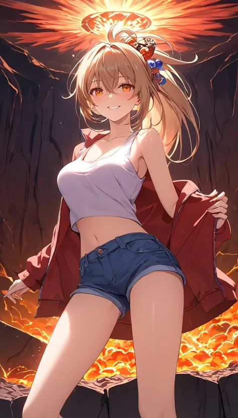 (masterpiece, best quality:1.2), 1 girl, alone, solo, baggy jacket, tank top, cut jean shorts, mature woman, alluring, lust, smile, andscape, plush irritated girl, hotel interior, desolate lava pit, flora, blue hour, infrared, diorama, deep green explosion...