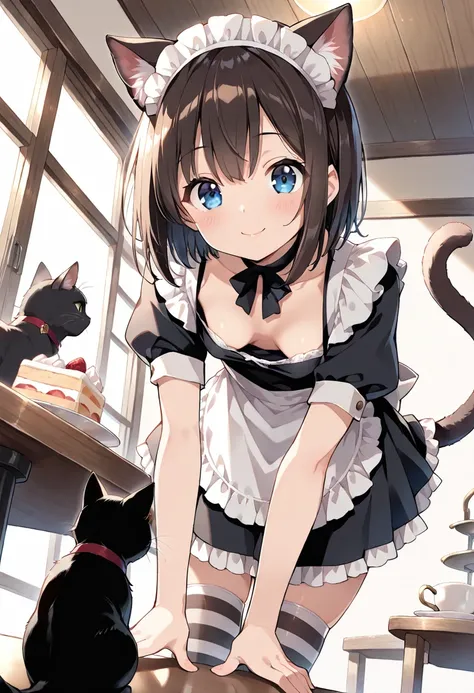 ((masterpiece, best quality, ultra detailed, high resolution, beautiful detailed face, beautiful detailed eyes, perfect hands)), (1 girl, solo, multiple cat), (cat ear and tail), (small breasts), (maid costume, maid headdress, maid apron), (black striped t...