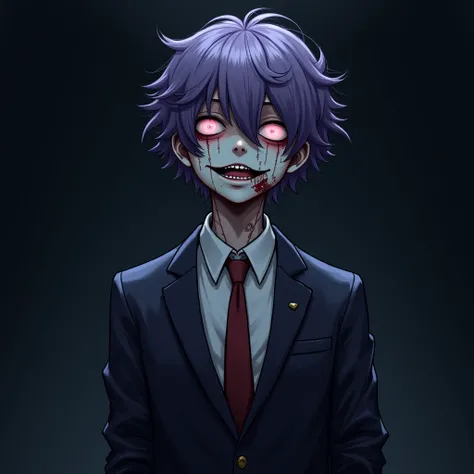 zombie boy, dark lavender messy hair, stitches around neck, groom, anime