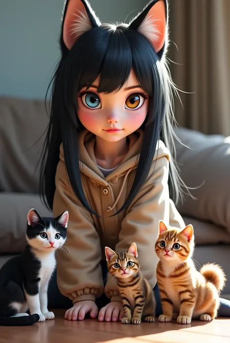 An adorable brown-eyed mixed-haired girl with lenses with long straight black hair accompanied by a large husky that has light blue eyes, also a black-and-white short-haired cat, another long-haired cat in brown tabby and also another short-haired cat in b...