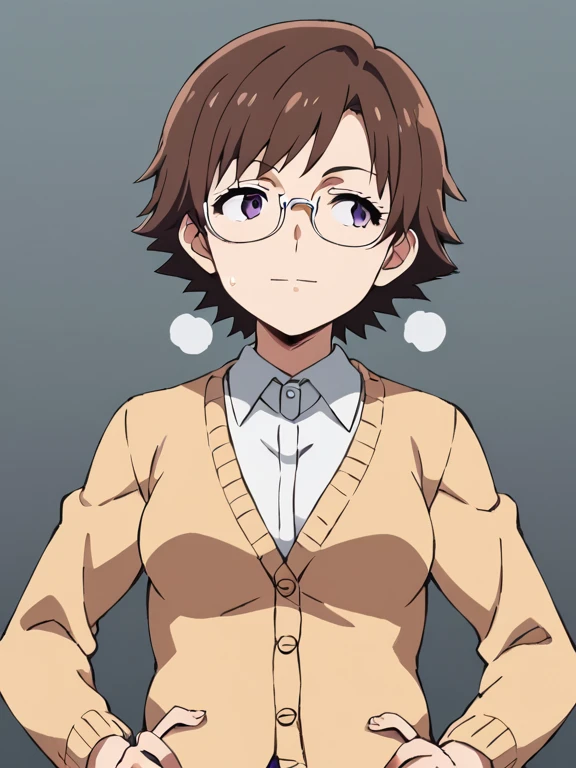  score_9,  score_8_ up,  score_7_ up,  source_Anime, nsfw，  uncensored ，rating_safe,  complicated details, Anime screencap,  official style ,  1 girl, Alone,  Haruka Sakurai ,  short hair,  brown hair, amount,   expressionless , Glasses， dark purple eyes, ...