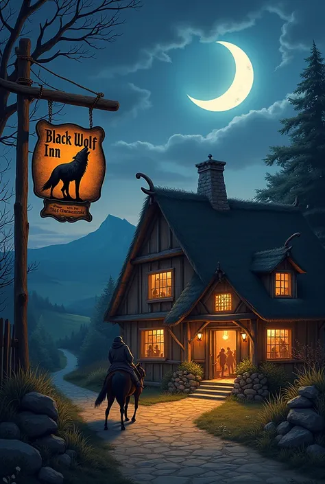  The scene depicts a rustic, timber-framed inn with a thatched roof, nestled at a crossroads under a twilight sky. A glowing crescent moon hangs above, casting a silvery light over the scene. The inn’s sign features a black wolf howling at the moon, swingi...