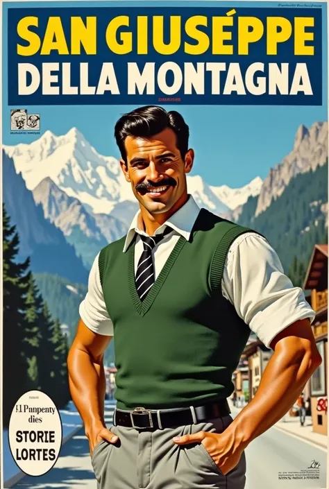 (((masterpiece, high quality, 1940s magazine cover style, yellow block letters with sky blue border "SAN GIUSEPPE DELLA MONTAGNA", long oval box below with text "HOME OF SUPER LUMINOUS".
Background: Blue sky, high alpine mountains with snowy peaks, conifer...