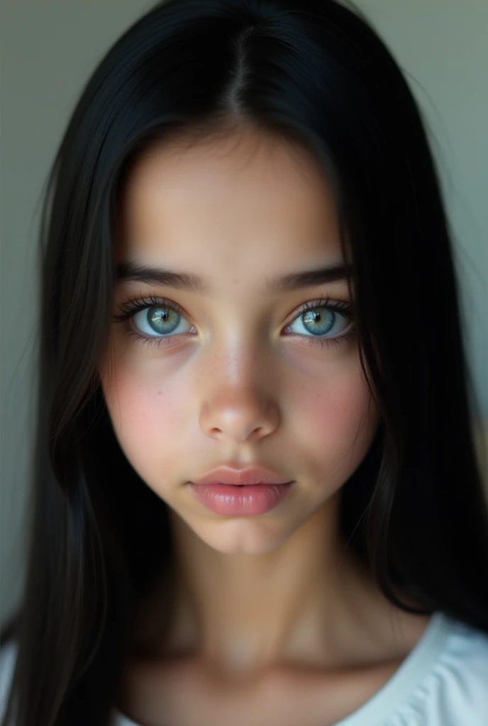 A girl with bright blue eyes and peak black hair white skin and arab looking 