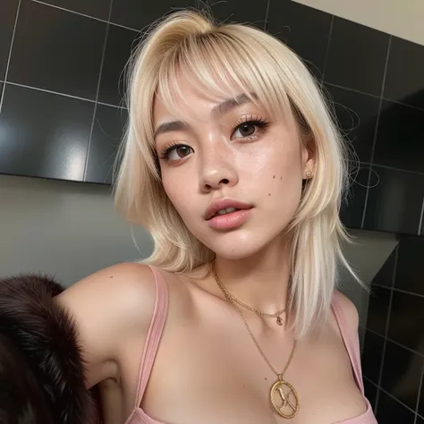 a young Asian woman, 20 years old, pink blouse, fur coat, short platinum hair with bangs, black eyes, full lips, light makeup, highly detailed facial features, freckles, fair skin, sensual and delicate features, large breasts, Necklace Golden, Piercing Gol...