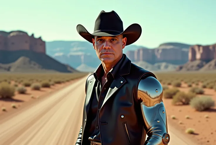 cinematographic photograph of a bald man, dark eyes, wearing black cowboy clothes and hat, cybernetic implant in one of his arms, steampunk style, standing in the middle of the desert, with the Grand Canyon National Park in the background, Cowboy Punk (Wes...