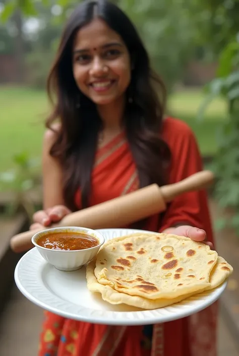 Aanya, a 25-year-old Indian girl, A plate with a hilariously misshapen paratha next to a bowl of chutney, Aanya in the background with a sheepish smile, holding a rolling pin, framed to capture her full outfit and surroundings, with her dressing chosen acc...