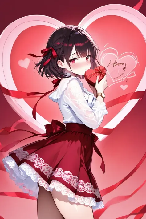 Heart-shaped box, gothic clothes、from side, white blouse、 red skirt、
Heart.
valentine,
Red Ribbon,Background with lots of red ribbons、 Watch Viewers 、 looking at camera、white blouse、red ribbons, 1girl ,valentine's Day Clipart. A woman is shyly confessing h...